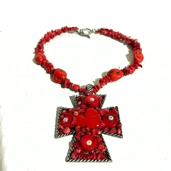 Southwest turquoise & coral gemstone cross pendant - Picture 1 of 3